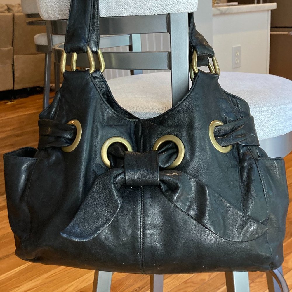 Kooba black leather shoulder bag, brass hardware, good used condition